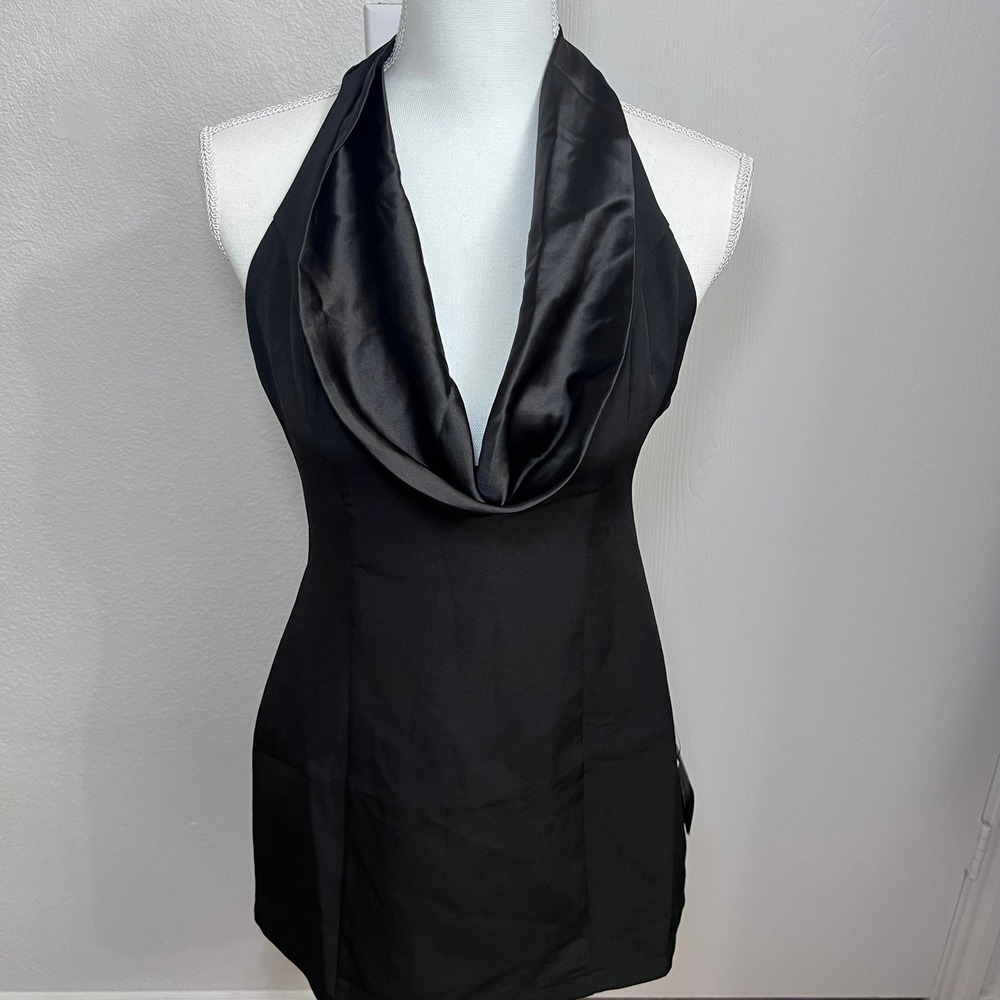 NWT Lulus Perfected Finesse Black Cowl Halter A-Line Mini Dress Size Small - Picture 9 of 10